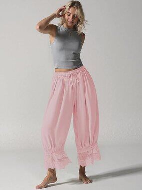 Women Linen Lace Trim Long Bloomers Pants Ruffle Victorian Vintage Pantaloons Su